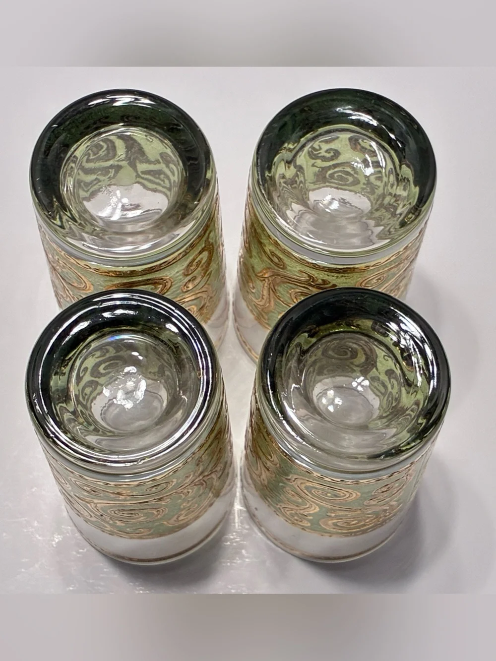 MCM Set of 4 Culver TOLEDO Green Gold Scroll Highball Glasses Tumblers 12 oz.